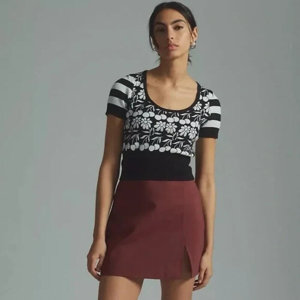 Anthropologie Maeve Trixie Black White Floral Cherry Crop Tie Back Sweater XS